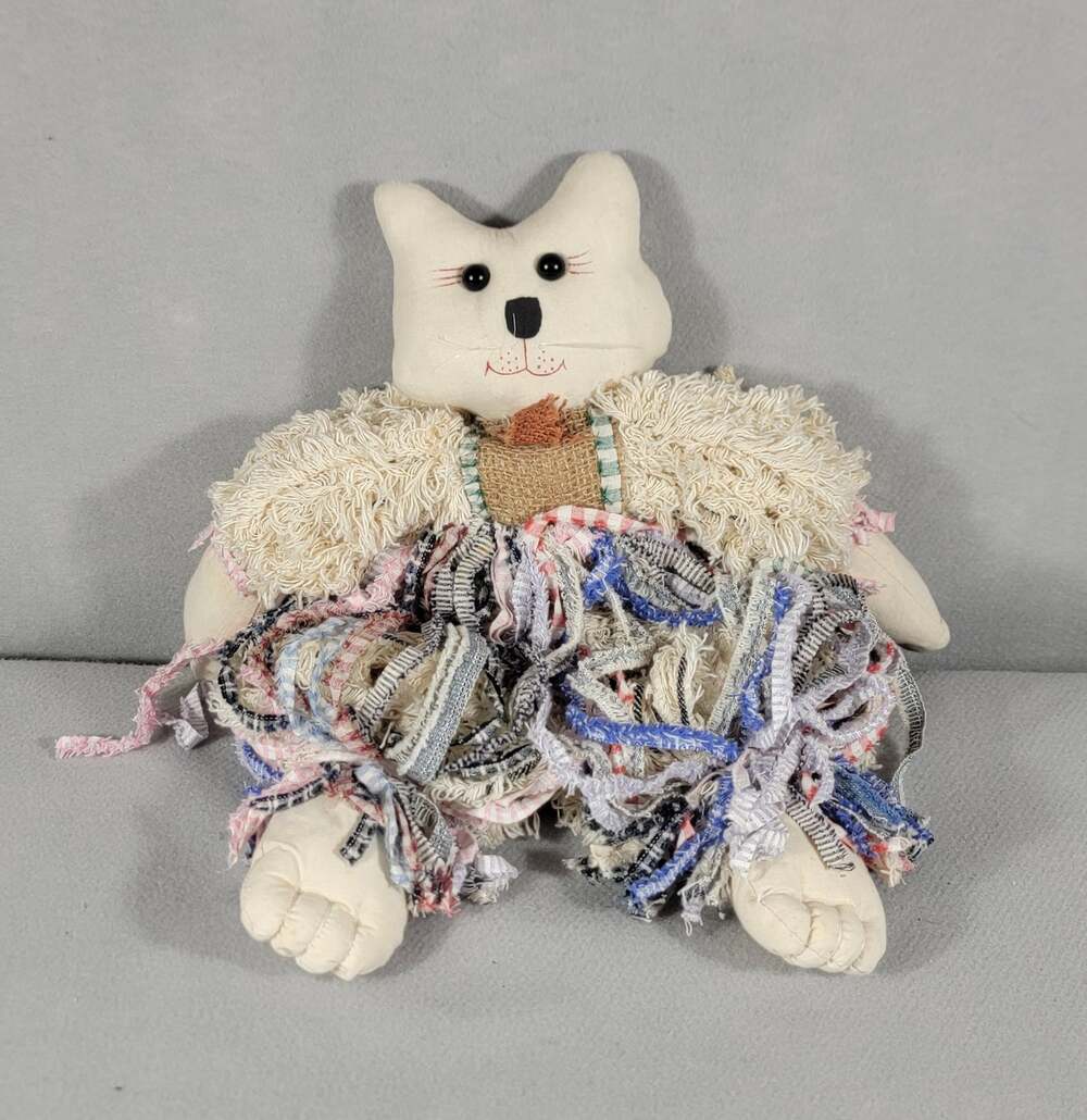 Vintage Handmade Raggedy Cat Doll Rag Quilt Mop Style Fabric Plush Decor